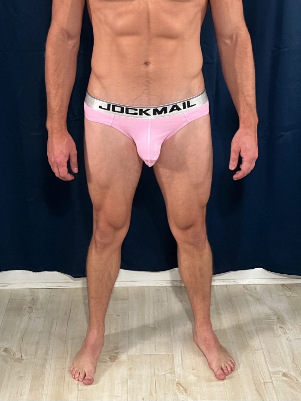 Jockmail Men's Pink Low-Rise Thong  with Silver Logo Waistband large